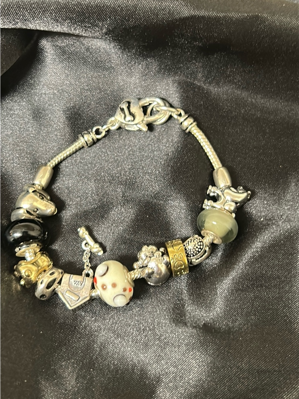 Silver Dog theme Charm Bracelet with Glass and Metal Beads